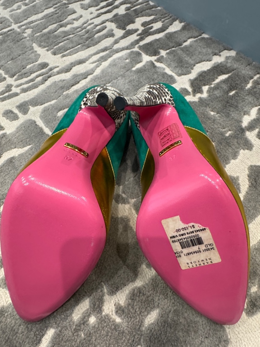 Gucci Gold and Teal Mixed-Material Stiletto Pumps. Never worn - Picture 4 of 9